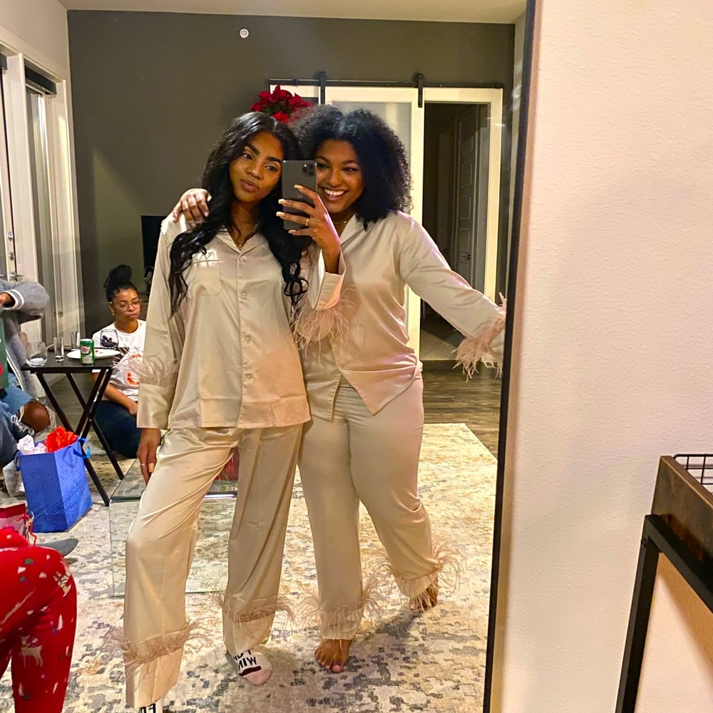 Satin Pajamas Trimmed in Feathers